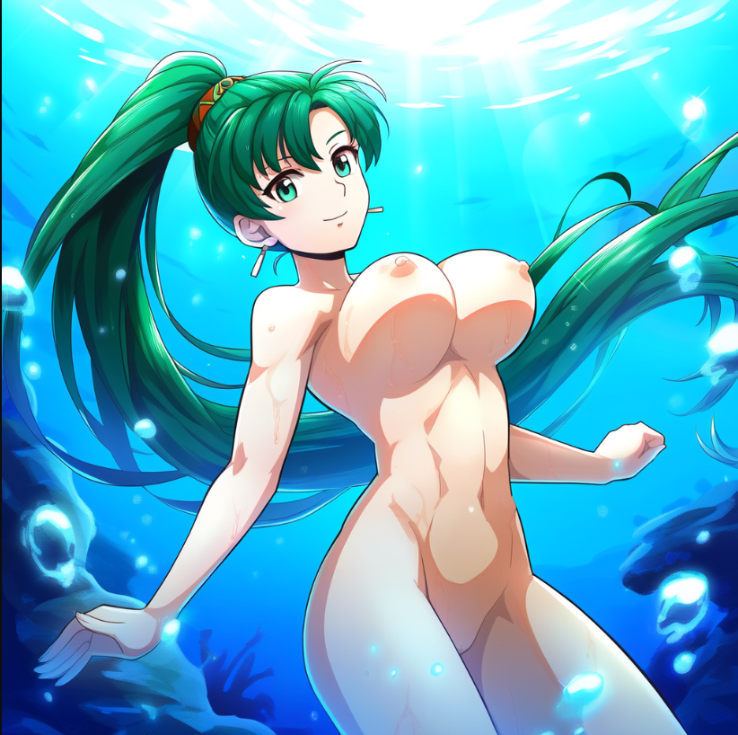 1girl alluring bare_legs completely_nude_female female fire_emblem fire_emblem:_the_blazing_blade fire_emblem_warriors green_hair intelligent_systems lyn lyn_(fire_emblem) lyndis lyndis_(fire_emblem) nightcore_(artist) nintendo nude ocean ponytail pussy skinny_dipping solo teal_eyes underwater