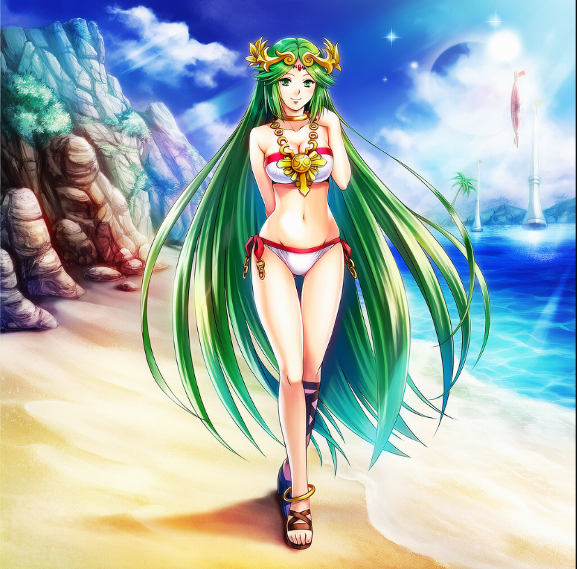 1girl alluring beach big_breasts bikini blue_sky cleavage goddess green_hair kid_icarus nightcore_(artist) nintendo ocean palutena