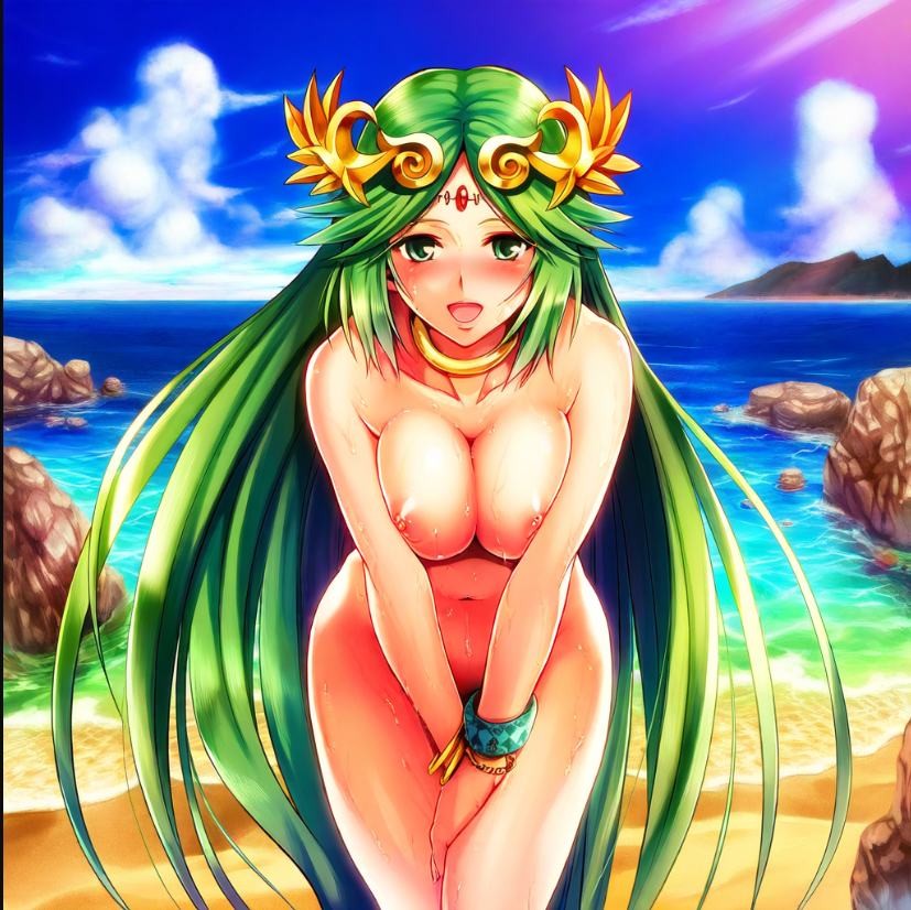 1girl alluring beach big_breasts blue_sky cleavage completely_nude_female goddess green_hair kid_icarus nightcore_(artist) nintendo nude ocean palutena
