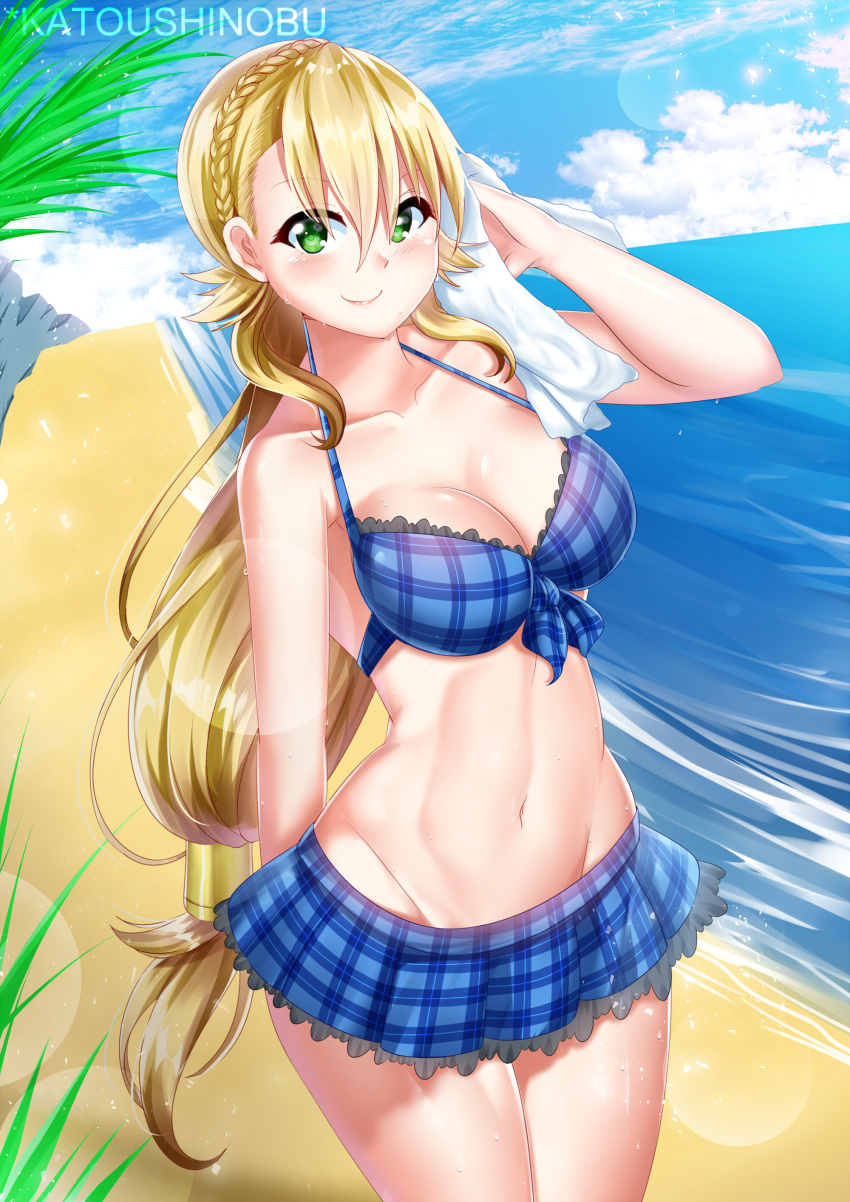 1girl alluring blonde_hair cleavage fire_emblem fire_emblem_heroes green_eyes intelligent_systems katou_shinobu medium_breasts nintendo sharena_(fire_emblem)