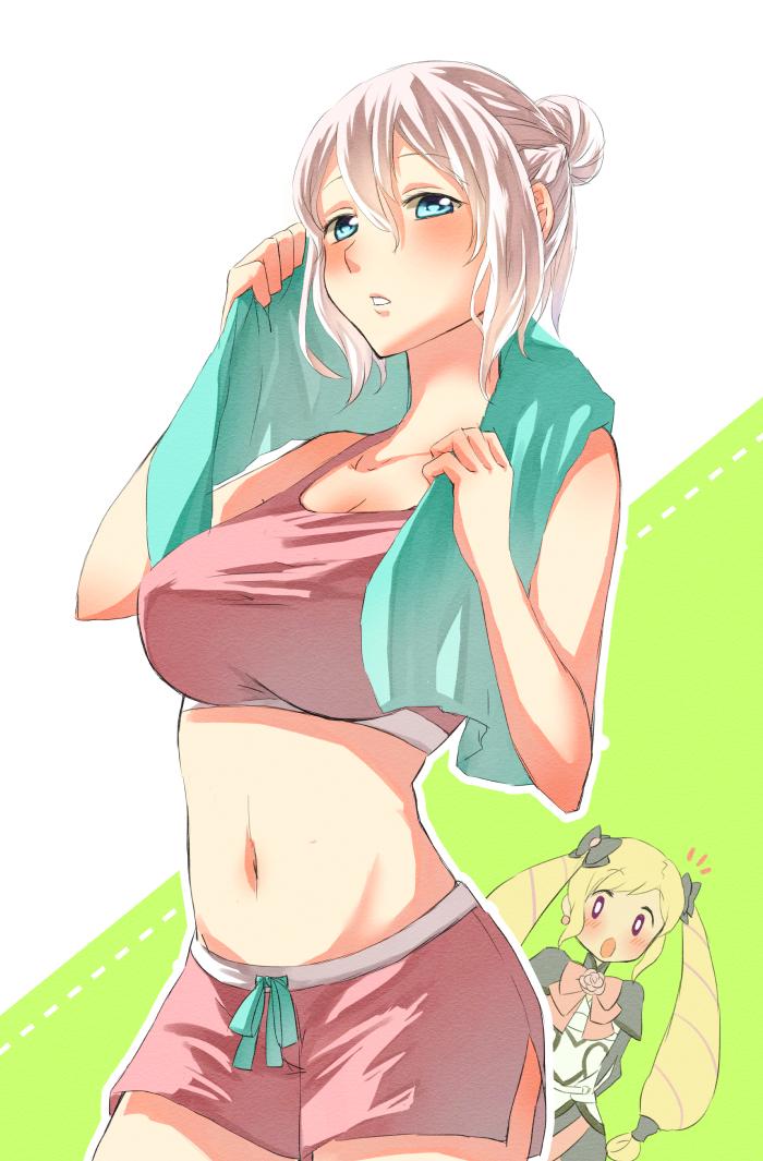 2_girls alluring big_breasts blonde_hair blue_eyes blush cleavage effie_(fire_emblem) elise_(fire_emblem) fire_emblem fire_emblem_fates fire_emblem_warriors grey_hair intelligent_systems long_hair looking_at_viewer mabokku midriff multiple_girls navel nintendo open_mouth parted_lips purple_eyes shorts simple_background towel twin_tails