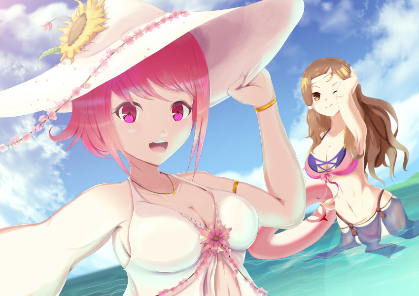 ;) absurd_res alluring alternate_costume bikini brown_eyes brown_hair cleavage fire_emblem fire_emblem_fates flower hana_(fire_emblem) hat high_res huge_filesize innertube intelligent_systems keldancon long_hair looking_at_viewer medium_breasts nintendo ocean one_eye_closed open_mouth pelvic_curtain pink_eyes pink_hair reaching reaching_towards_viewer sakura_(fire_emblem) selfpic short_hair smile sun_hat sunflower swim_ring swimsuit water