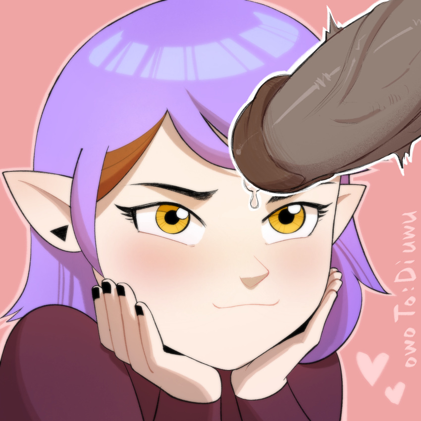 1girl 1girls amity_blight blush dark-skinned dark-skinned_male dark_skin disney disney_channel erection floating_heart heart light-skinned light-skinned_female light_skin owotodiuwu penis purple_hair smug the_owl_house throbbing throbbing_penis witch_(the_owl_house) yellow_eyes