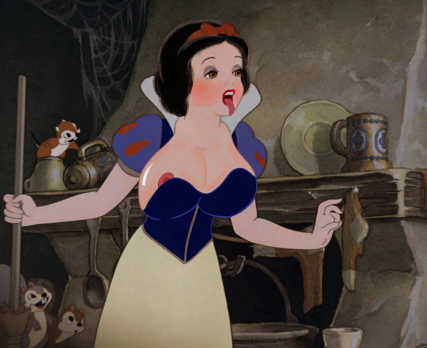 1girl 2020 big_breasts black_hair breasts broom brown_eyes cute disney edit lipstick nipples sexy_breasts snow_white_(disney) snow_white_and_the_seven_dwarfs somebubbles_(artist) tongue tongue_out