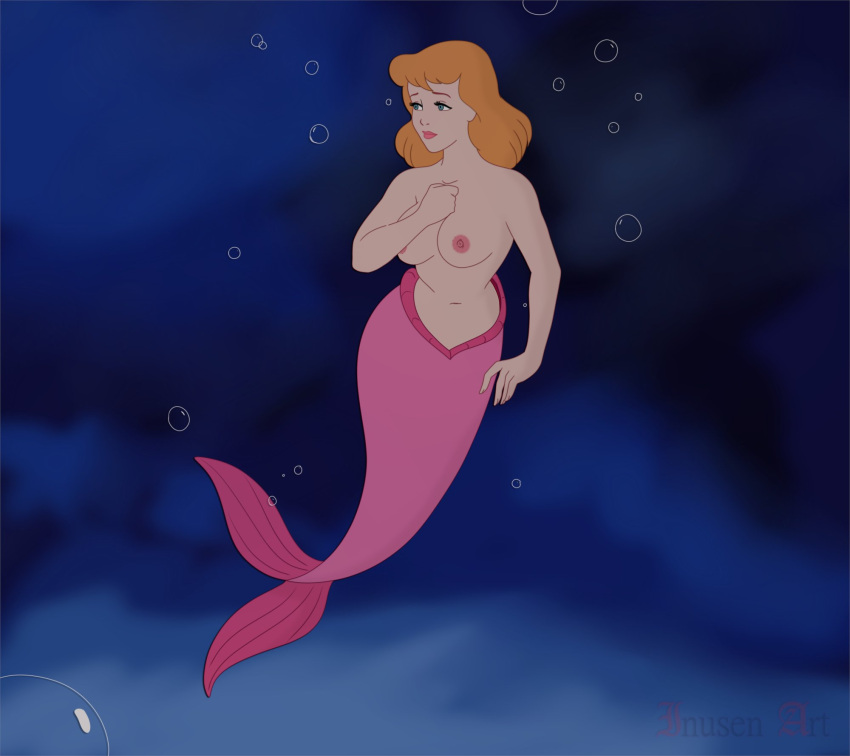 1girl accurate_art_style alternate_species blonde_hair blue_eyes breasts bubble cinderella cinderella_(disney) clothed clothing disney female fin fingers fish_tail hair high_res humanoid humanoid_merfolk inusen marine merfolk nipples on_model pink_body pink_scales pink_tail scales solo split_form tail tail_fin topless underwater water