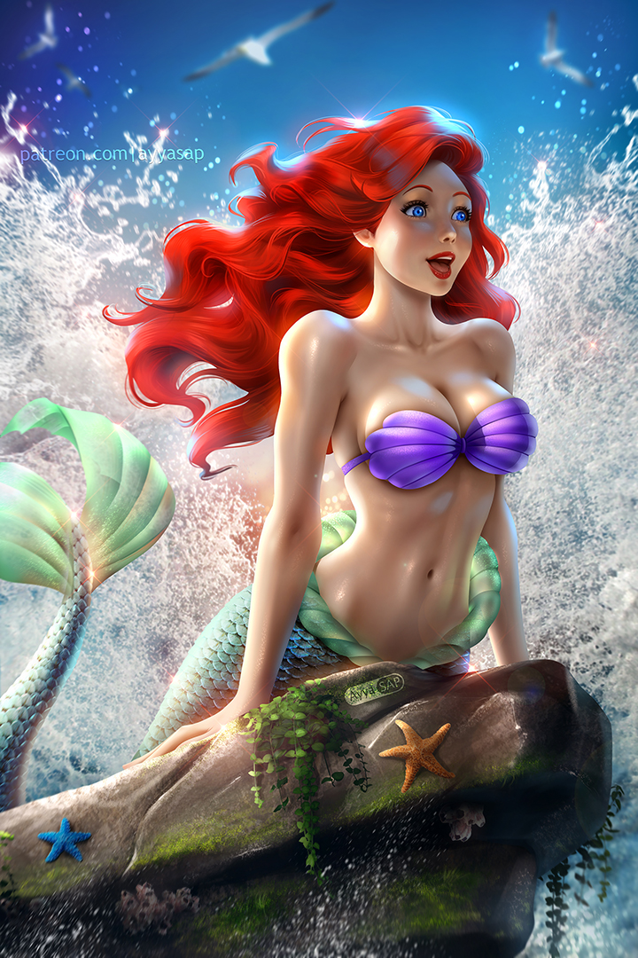 1girl animal arm_support ayyasap bangs bare_arms bare_shoulders big_breasts bikini bird blue_eyes blurry blurry_background breasts cleavage collarbone day disney disney_princess female_only female_solo floating_hair happy lips lipstick long_hair looking_to_the_side makeup mermaid midriff navel neck ocean open_mouth outside princess princess_ariel purple_bikini purple_swimsuit red_hair red_lipstick rock round_teeth seagull shell shell_bikini smile splashing starfish straight_hair strapless strapless_bikini strapless_swimsuit swept_bangs swimsuit teeth the_little_mermaid the_little_mermaid_(1989_film) upper_teeth upper_teeth_only very_long_hair water wavy_hair wind_lift