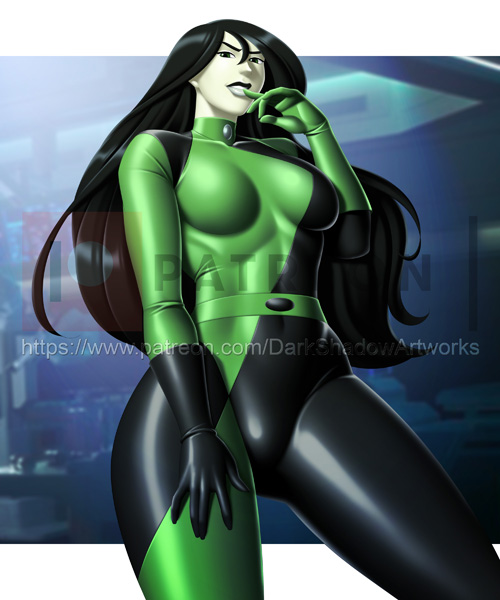 1girl arm_at_side asymmetrical_gloves black_bodysuit black_gloves black_hair black_lipstick bodysuit breasts disney female_only female_solo gloves green_bodysuit green_eyes green_gloves hair_between_eyes half-closed_eyes hand_on_leg hand_on_own_leg hand_on_own_thigh hand_on_thigh hand_up idarkshadowi_(artist) kim_possible lips lipstick long_hair looking_at_viewer makeup medium_breasts multicolored_bodysuit multicolored_clothes neck pale-skinned_female pale_skin parted_lips serious shego skin_tight standing straight_hair supervillainess thedarkness two-tone_bodysuit very_long_hair villainess