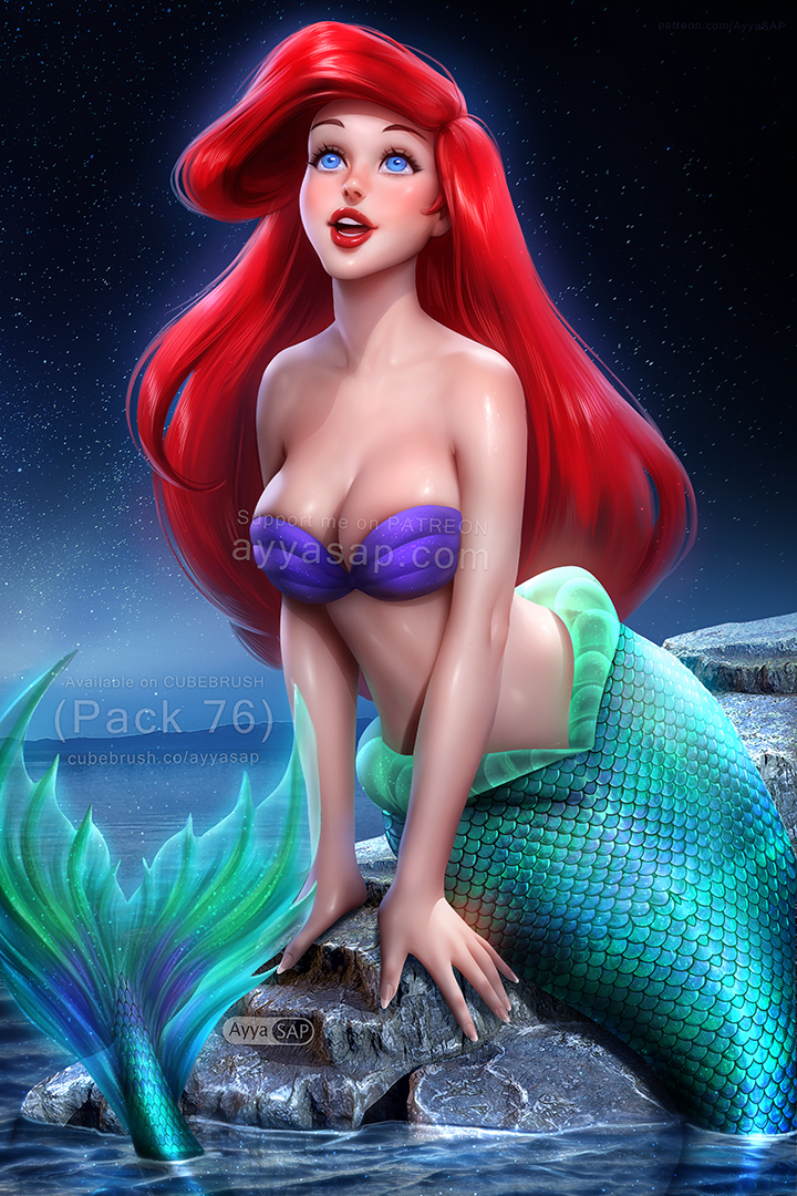 1girl arm_support ayyasap bare_arms bare_shoulders big_breasts bikini blue_eyes blush breasts cleavage collarbone disney disney_princess female_only female_solo happy lips lipstick long_hair looking_up lower_teeth makeup mermaid midriff neck night night_sky ocean open_mouth outside princess princess_ariel purple_bikini purple_swimsuit red_hair red_lipstick rock round_teeth shell shell_bikini sitting sky smile star starry_background starry_sky straight_hair strapless strapless_bikini strapless_swimsuit swimsuit teeth the_little_mermaid the_little_mermaid_(1989_film) upper_teeth v_arms very_long_hair water