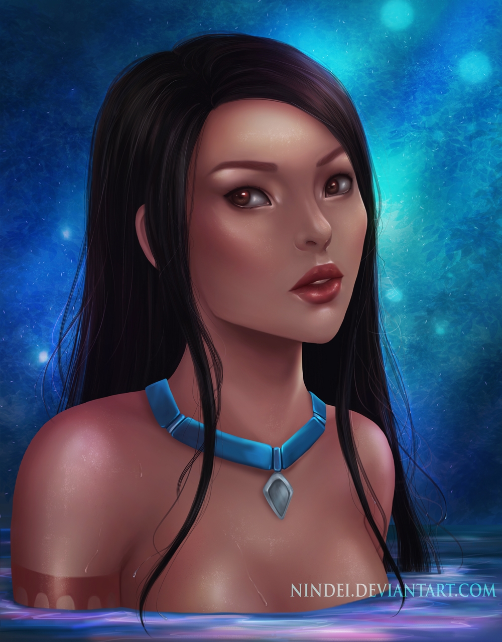 1girl arm_tattoo arms_at_sides bangs bare_arms bare_shoulders black_hair breasts brown_eyes dark-skinned_female dark_skin disney expressionless female_only female_solo jewelry lips lipstick long_hair looking_at_viewer makeup medium_breasts native_american neck necklace night night_sky nindei nindei_(artist) nude nude_female outdoor_nudity outside parted_bangs parted_lips partially_submerged pocahontas pocahontas_(character) red_lipstick serious sidelocks sky star starry_background starry_sky straight_hair tattoo thick_lips upper_body water wet wet_body wet_hair