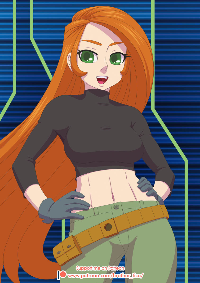1girl bangs belt black_shirt blue_background breasts brother-tico brown_belt contrapposto disney female_only female_solo gloves green_eyes green_pants grey_gloves hands_on_hips heroine kim_possible kimberly_ann_possible long_hair long_sleeves looking_at_viewer medium_breasts midriff naughty_face navel neck open_mouth orange_hair pants round_teeth shirt smile standing straight_hair swept_bangs teen teenage_girl teeth turtleneck turtleneck_shirt upper_teeth upper_teeth_only very_long_hair