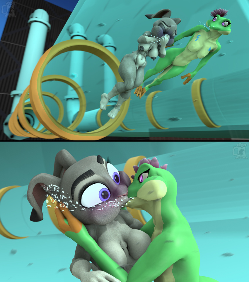 2girls blush breasts bunny disney drowning drunk_crowley female freggie_(dragon-tear) frog judy_hopps kissing lewd nude nudity peril rabbit remake sfm tube underwater water zootopia zootopia_2