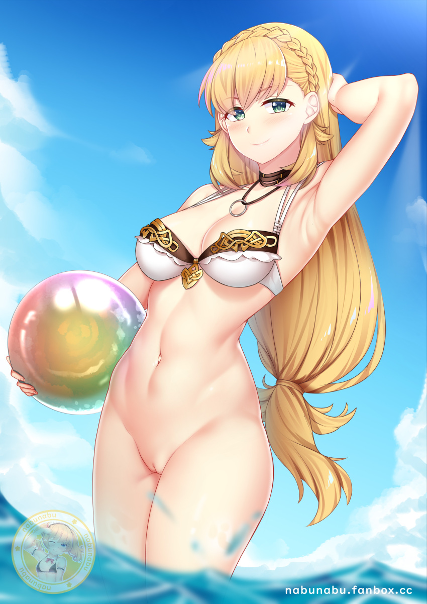 1girl 1girl 1girl absurd_res alluring b ball_(object) bangs bare_legs bare_midriff bare_thighs beach_ball blonde_hair braid female_focus female_only fire_emblem fire_emblem_heroes green_eyes high_res intelligent_systems long_hair looking_at_viewer medium_breasts midriff nabunabu naked_from_the_waist_down navel nintendo nocean outside pussy sharena_(fire_emblem) shaved_pussy smile solo_female solo_focus thighs uncensored very_long_hair water