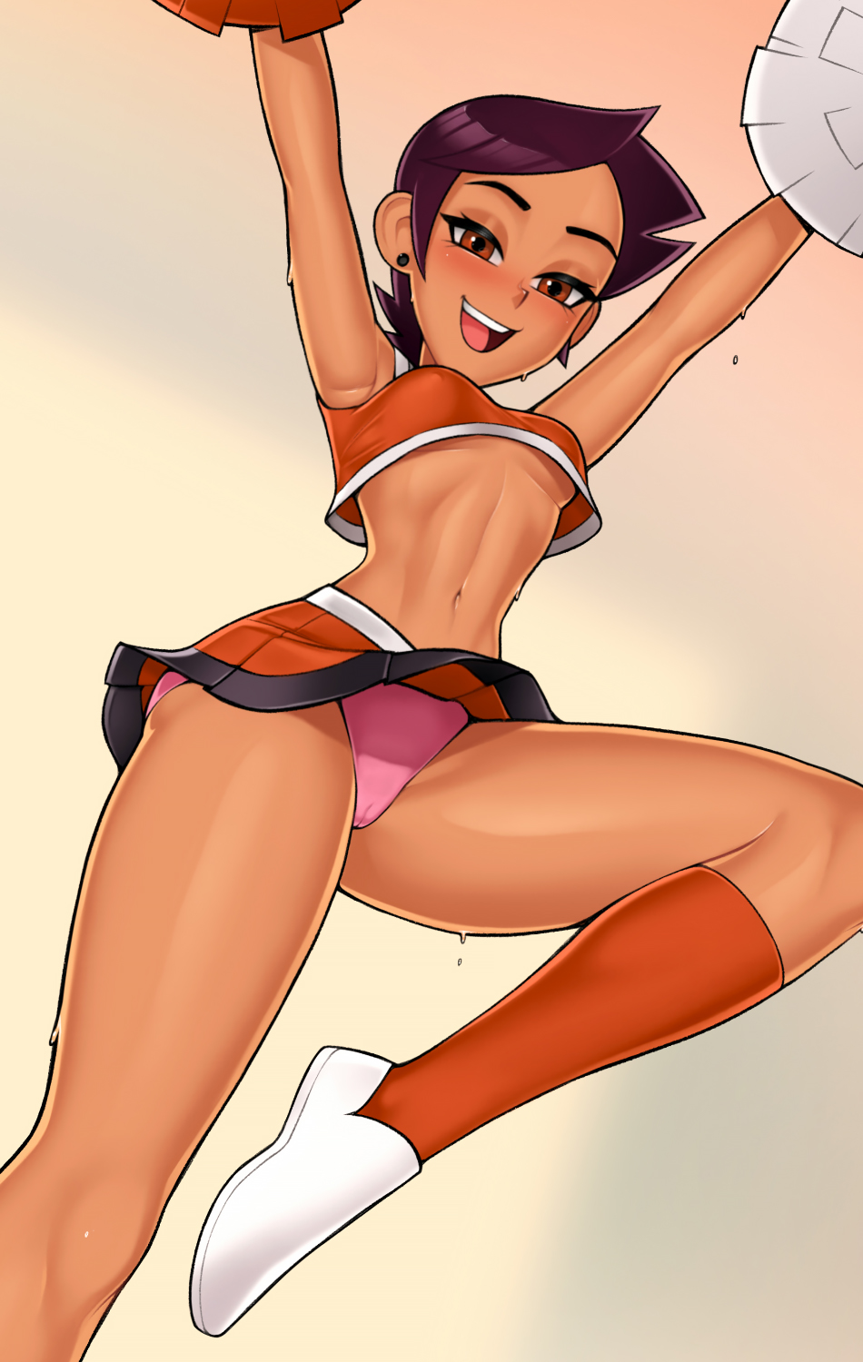 1girl 1girls breasts brown_hair cameltoe casual cheerleader cheerleader_uniform clothing dark_skin disney disney_channel eye_contact female_focus female_only footwear human latina leg_lift legwear loodncrood looking_at_viewer luz_noceda panties pink_panties pussy short_hair skirt sportswear straight_hair the_owl_house upskirt white_background