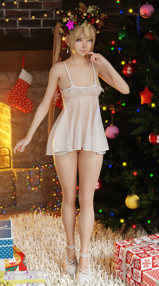 1girl 2025 3d 3d_(artwork) alluring areola blender blonde_hair blue_eyes christmas christmas_decorations christmas_headwear christmas_present christmas_tree dead_or_alive dead_or_alive_6 dead_or_alive_xtreme_venus_vacation earrings fireplace hair_ornament high_heels high_res intelligent_systems looking_at_viewer marie_rose nightgown nipples petite petite_body petite_female pointing_at_self pussy skyarsenic small_body small_breasts smaller_female tagme tecmo twin_tails white_dress white_shoes