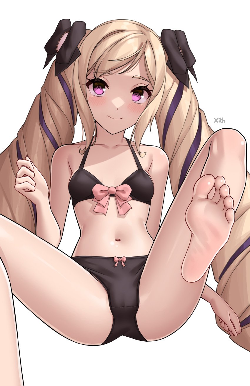 1girl absurd_res alluring artist_name barefoot black_bra black_panties blush bow bra cameltoe closed_mouth collarbone commentary drill_hair elise_(fire_emblem) english_commentary eyelashes feet female_only fire_emblem fire_emblem_fates fire_emblem_warriors foot_focus foot_out_of_frame foot_up foreshortening hairbow hand_up high_res intelligent_systems knee_up leaning_back legs long_hair looking_at_viewer multicolored_hair navel nintendo paid_reward_available panties parted_bangs pink_bow pink_eyes purple_hair pussy red_bow shadow simple_background sitting small_breasts smile soles stomach streaked_hair toes twin_drills underwear very_long_hair white_background x_xith_x