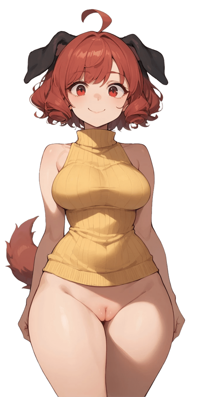 1girl ai_assisted ai_generated breasts brown_eyes brown_hair cleft_of_venus curly_hair dog_ears dog_girl dog_tail female_focus hips looking_at_viewer original original_character pussy shirt short_hair simple_background smile standing transparent_background younger_female