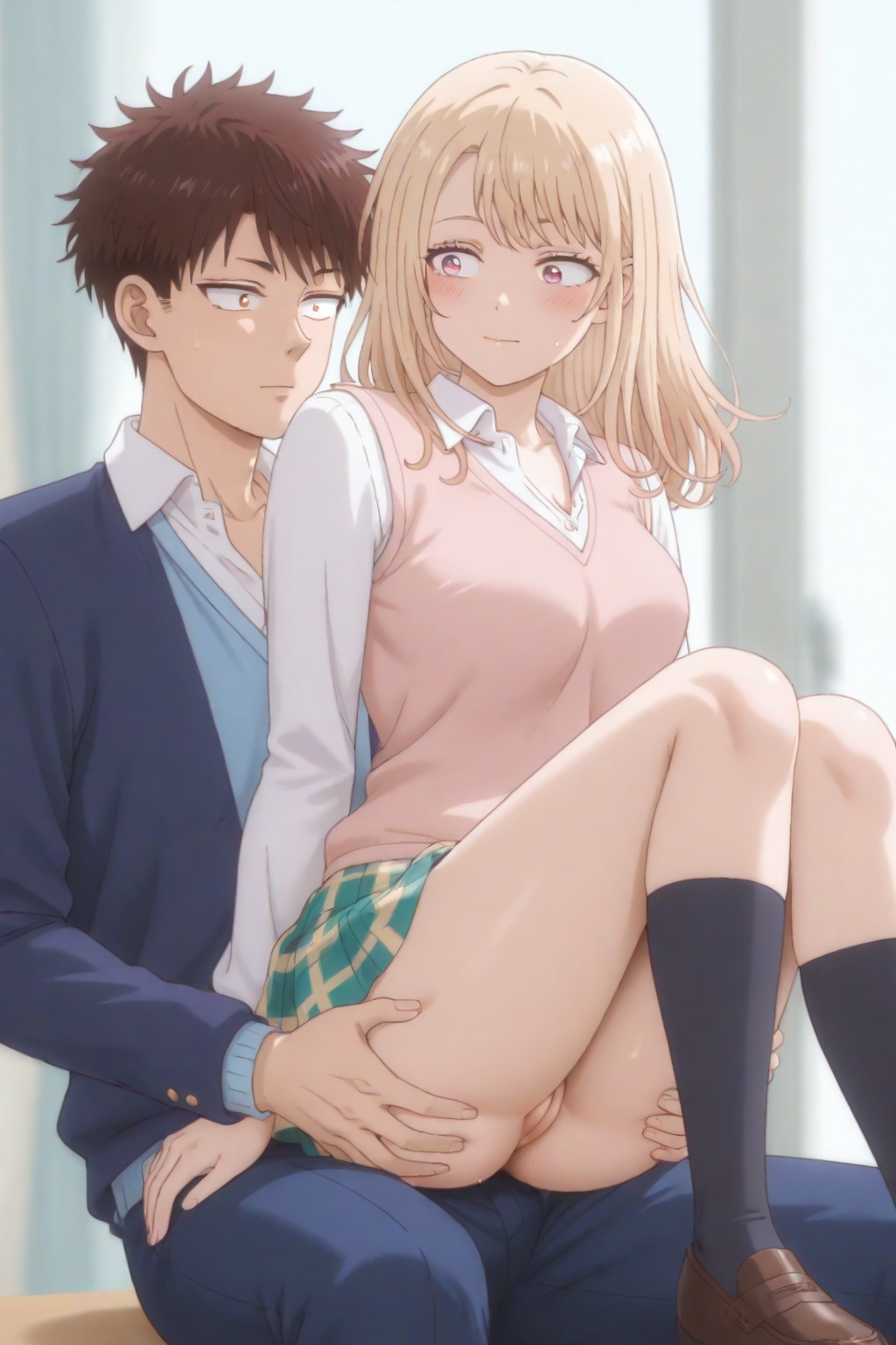 ai_generated blonde_hair brown_hair couple medeka_kuroiwa medeka_kuroiwa_impervious_to_my_charms mona_kawai pussy sitting_on_lap