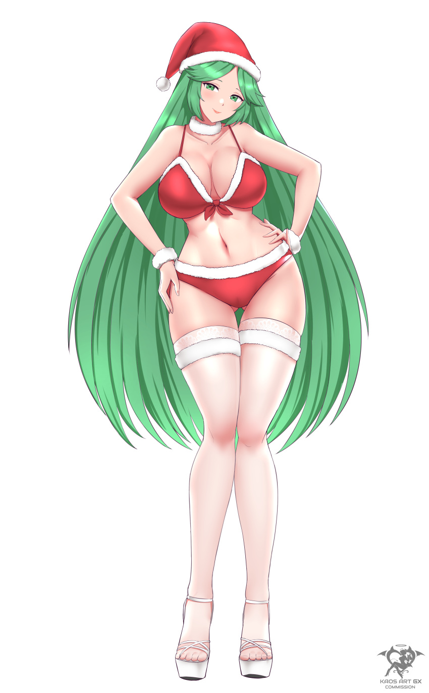 1girl 1girl absurd_res alluring artist_name big_breasts bikini christmas closed_mouth collarbone female_focus green_eyes green_hair hands_on_own_hips hat high_res kaos_art kid_icarus kid_icarus_uprising lips long_hair looking_at_viewer matching_hair/eyes navel nintendo palutena red_bikini santa_hat smile stockings swimsuit toes very_long_hair white_background