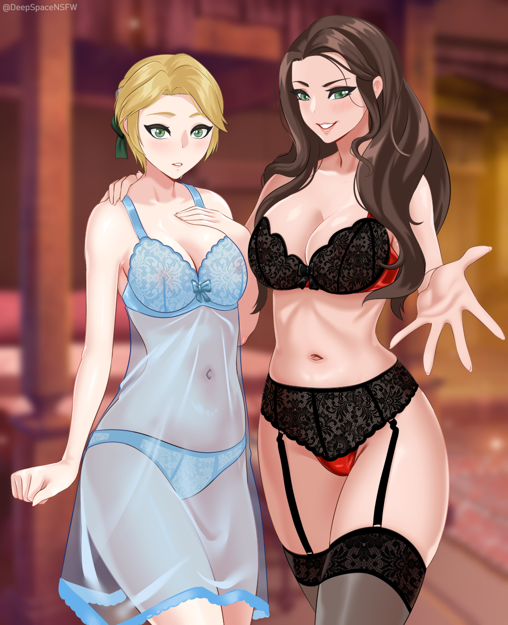 1girl 2_girls alluring arm_around_shoulders bare_thighs big_breasts black_bra black_legwear black_panties black_socks black_thighhighs blonde_hair blue_bra blue_panties blush brown_hair cleavage clothing deepspace dorothea_arnault female_only fire_emblem fire_emblem:_three_houses garter_belt green_eyes grin ingrid_brandl_galatea intelligent_systems lace-trimmed_socks lace-trimmed_thighhighs legs_together lingerie long_hair matching_underwear medium_breasts multiple_females multiple_girls nightgown nintendo panties post-timeskip presenting reaching_out red_bra red_panties see-through short_hair smile socks source_request stockings thick_thighs thigh_socks thighs underwear wide_hips