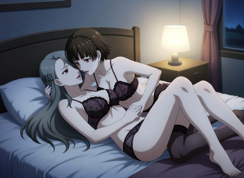 2_girls about_to_kiss alluring atlus bed bedroom blush braided_hair brown_hair cameltoe candles corset grey_hair hairclip hand_holding incest lingerie makoto_niijima night persona persona_5 red_eyes sae_niijima sega silf silfs sister sister_and_sister sisters stockings stroking_hair teen yuri