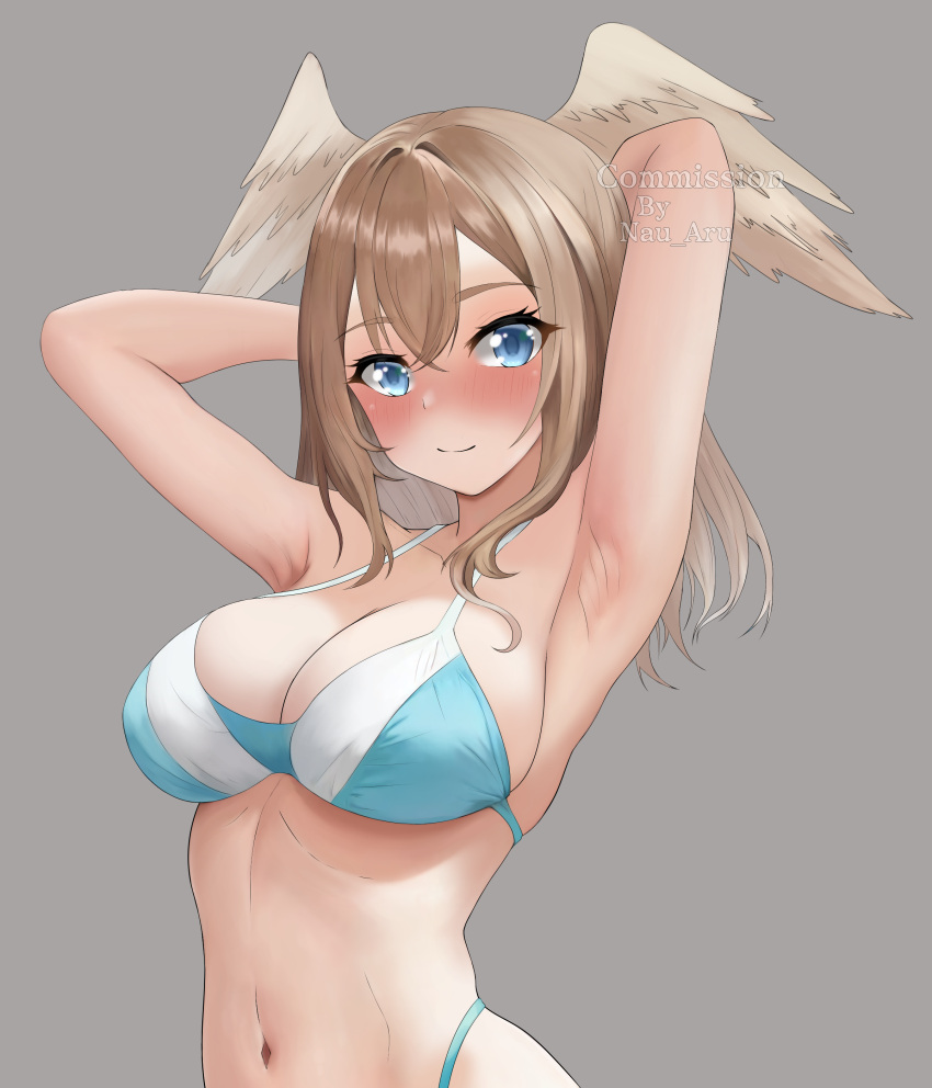 1girl 1girl absurd_res alluring arms_behind_head big_breasts bikini blue_bikini blue_eyes blush brown_hair cleavage closed_mouth commentary commission eunie_(xenoblade) grey_background head_wings high_res looking_at_viewer medium_hair nau_aru navel simple_background swimsuit upper_body wings xenoblade_(series) xenoblade_chronicles_3