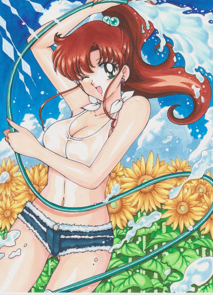 1girl adult_swim alluring big_breasts bikini bishoujo_senshi_sailor_moon bishoujo_senshi_sailor_moon_r bishoujo_senshi_sailor_moon_r_the_movie bishoujo_senshi_sailor_moon_s bishoujo_senshi_sailor_moon_s_the_movie bishoujo_senshi_sailor_moon_supers bishoujo_senshi_sailor_moon_supers_the_movie brown_hair cleavage dandelion_(flower) garden_hose green_eyes holding_hose hose makoto_kino rascal_(n119) shorts spraying_water stoei_animation toonami viz_media
