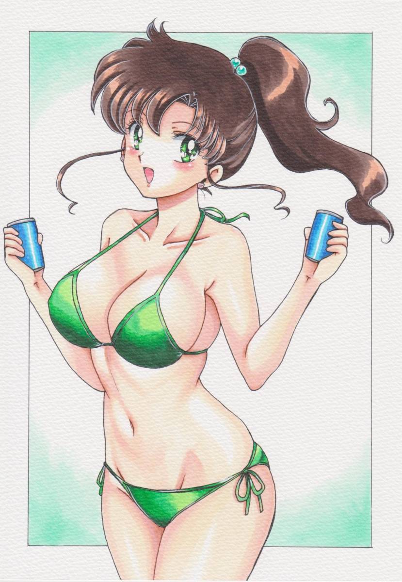 1girl adult_swim alluring big_breasts bikini bishoujo_senshi_sailor_moon bishoujo_senshi_sailor_moon_r bishoujo_senshi_sailor_moon_r_the_movie bishoujo_senshi_sailor_moon_s bishoujo_senshi_sailor_moon_s_the_movie bishoujo_senshi_sailor_moon_supers bishoujo_senshi_sailor_moon_supers_the_movie brown_hair cleavage green_eyes holding_soda_cans makoto_kino rascal_(n119) stoei_animation toonami viz_media