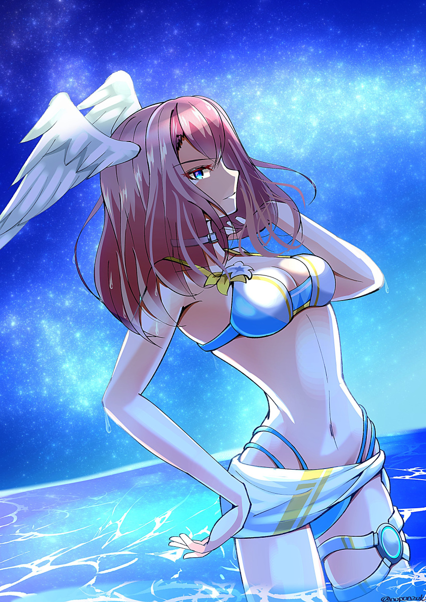 1girl absurd_res alluring big_breasts bikini blue_sky breasts closed_mouth commentary_request eunie_(xenoblade) fiery_hair head_wings high_res in_water long_hair navel noponzok ocean simple_background sky swimsuit white_wings wings xenoblade_(series) xenoblade_chronicles_3