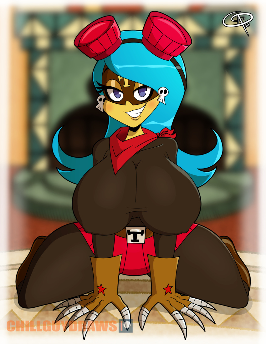 alternate_version_available artist_name artist_signature bed big_breasts blue_eyes blue_hair boots breasts chillguydraws claws earrings el_tigre frida_suarez frostbiteboi gloves goggles goggles_on_head la_tigressa looking_at_viewer mask masked_female on_bed scarf skirt