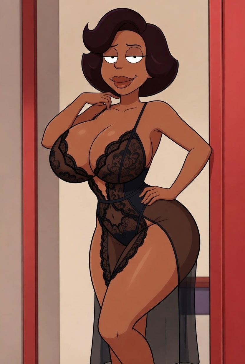 1girl 20th_century_studios ai_generated bedroom big_breasts black_lingerie bodysuit brown_skin cartoon_milf cleavage confident curvy dark_skin disney donna_tubbs family_guy fanart female hand_on_hip huge_breasts lace lingerie mature milf nsfw pose seductive sexy sheer smile solo stani993 teasing the_cleveland_show thick voluptuous