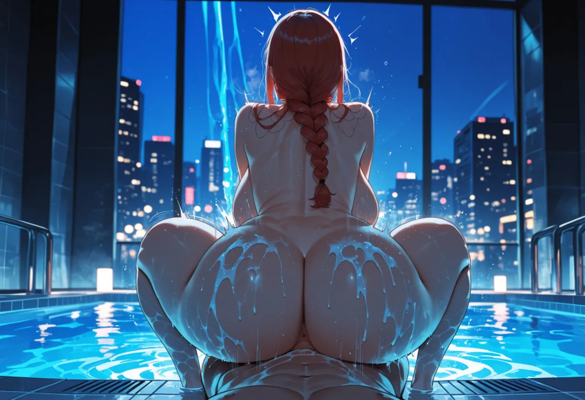 1boy1girl 1girl ai_generated ass chainsaw_man cum cum_on_ass cum_on_body curvy curvy_female curvy_figure long_hair makima_(chainsaw_man) night nude pool red_hair reverse_cowgirl_position sex