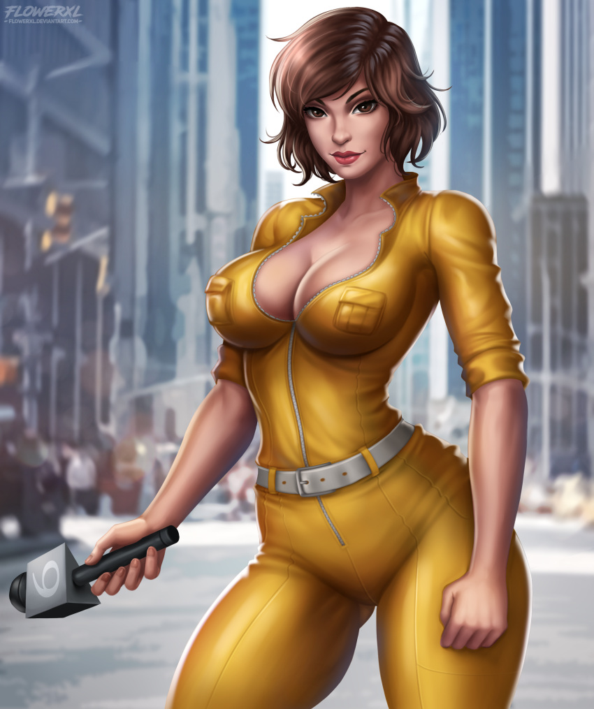 1girl 2d 2d_(artwork) 2d_art 2d_artwork april_o'neil april_o'neil_(tmnt_1987) art artist_logo belt big_breasts brown_eyes brown_hair city city_background cleavage digital_art digital_artwork_(media) digital_media digital_media_(artwork) female_only flowerxl jumpsuit light-skinned_female looking_at_viewer microphone nickelodeon red_lipstick reporter short_hair tagme teenage_mutant_ninja_turtles yellow_jumpsuit