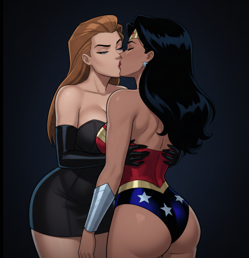 2_girls alternate_costume amazon arm_at_side ass back bangs bare_arms bare_back bare_legs bare_shoulders big_ass big_breasts black_background black_dress black_gloves black_hair blue_eyes blue_leotard bracer breasts brown_hair cleavage closed_eyes collarbone couple dc_comics dcau diana_prince dress duo earrings elbow_gloves female/female female_only femdom femsub gloves gold_jewelry half-closed_eyes heroine hugging jewelry justice_league justice_league_unlimited kissing legs legs_together leotard lezdom lezsub light_brown_hair lips lipstick long_hair looking_at_another love makeup medium_breasts mercy_graves mercy_graves_(justice_league) multicolored_clothes multicolored_leotard multiple_females multiple_girls mutual_yuri neck parted_bangs red_leotard red_lipstick romantic romantic_couple serious sghero1234 sghero1234_(artist) short_dress silver_bracer silver_earrings silver_jewelry standing star star_(symbol) star_earrings star_print straight_hair strapless strapless_dress strapless_leotard superhero_costume superheroine superman:_the_animated_series superman_(series) themysciran thick_thighs thighs tiara tube_dress two-tone_leotard villainess wonder_woman wonder_woman_(dcau) wonder_woman_(series) yuri