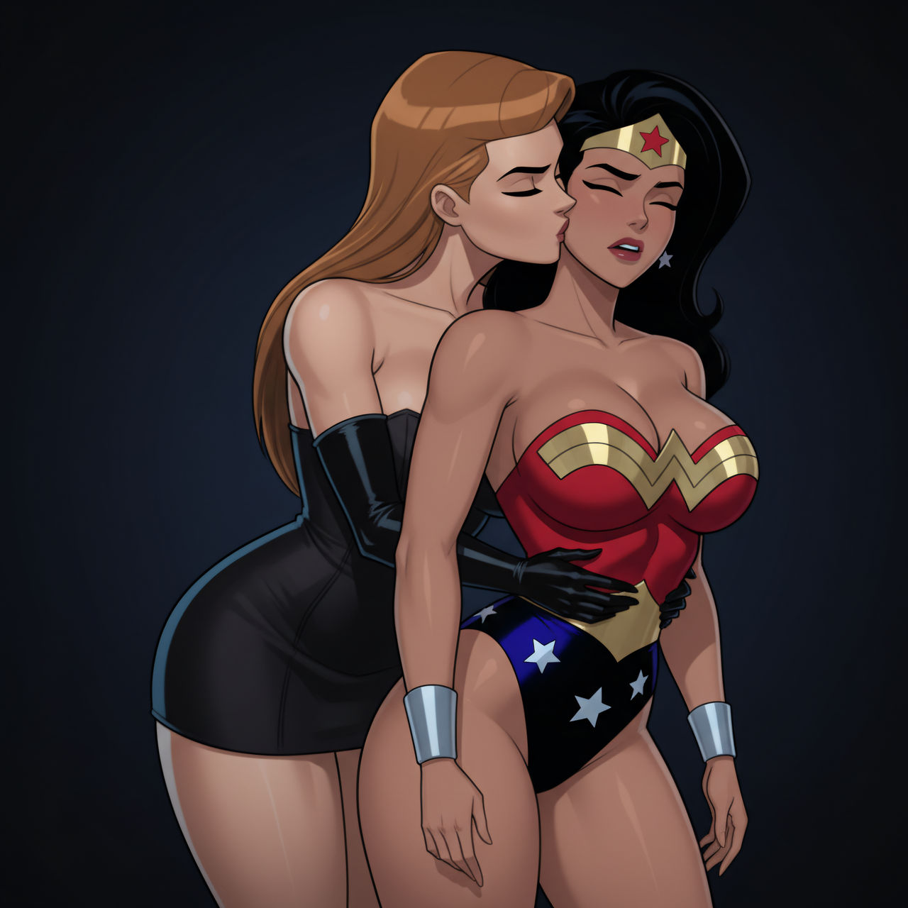 2_girls alternate_costume amazon arms_at_sides bangs bare_arms bare_legs bare_shoulders behind_another big_breasts black_background black_dress black_gloves black_hair blue_leotard bracer breasts brown_hair cleavage closed_eyes collarbone couple dc_comics dcau diana_prince dress duo earrings elbow_gloves female/female female_moaning female_only femdom femsub from_behind_position gloves gold_jewelry heroine highleg highleg_leotard hugging hugging_from_behind jewelry justice_league justice_league_unlimited kissing kissing_cheek leaning leaning_forward legs legs_together leotard lezdom lezsub light_brown_hair lips lipstick long_hair love makeup medium_breasts mercy_graves mercy_graves_(justice_league) moaning moaning_in_pleasure multicolored_clothes multicolored_leotard multiple_females multiple_girls mutual_yuri neck open_mouth parted_bangs red_leotard red_lipstick romantic romantic_couple round_teeth sghero1234 sghero1234_(artist) short_dress silver_bracer silver_earrings silver_jewelry standing star star_(symbol) star_earrings star_print straight_hair strapless strapless_dress strapless_leotard superhero_costume superheroine superman:_the_animated_series superman_(series) teeth themysciran thick_thighs thighs tiara tube_dress two-tone_leotard upper_teeth upper_teeth_only villainess wonder_woman wonder_woman_(dcau) wonder_woman_(series) yuri