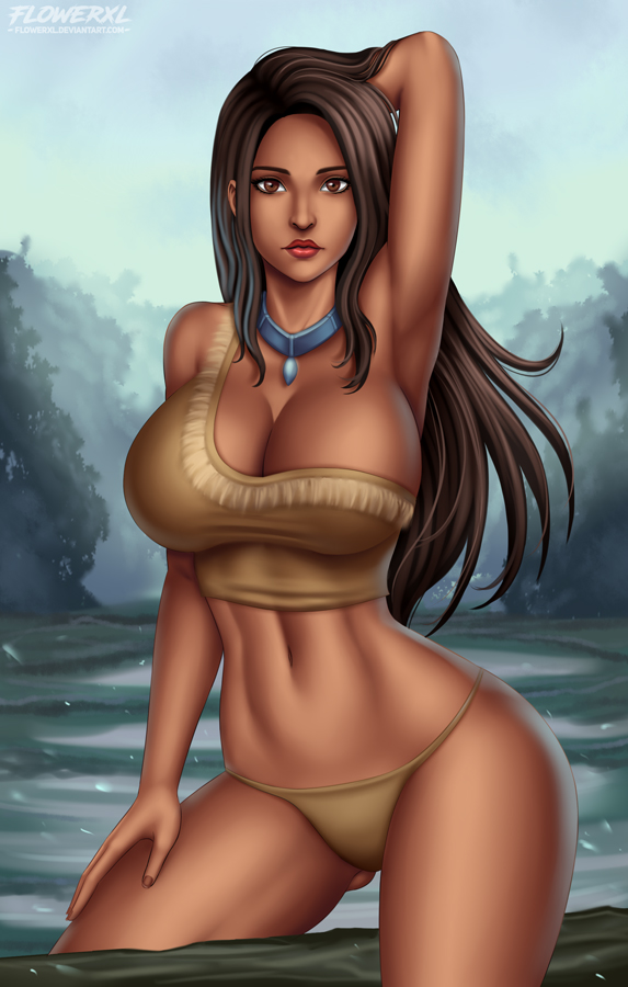 1girl armpits bangs bare_shoulders big_breasts black_hair blue_necklace breasts brown_eyes closed_mouth dark-skinned_female dark_skin disney expressionless female_only female_solo flowerxl jewelry lips lipstick long_hair looking_at_viewer makeup native_american neck necklace parted_bangs pocahontas pocahontas_(character) red_lipstick straight_hair thick_lips