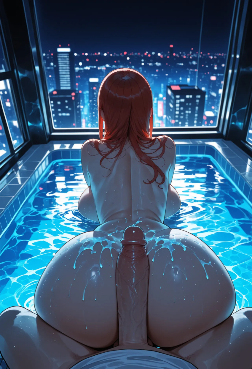 1boy1girl 1girl ai_generated ass buttjob chainsaw_man cum cum_on_ass cum_on_body curvy curvy_female curvy_figure long_hair makima_(chainsaw_man) night nude pool red_hair sex
