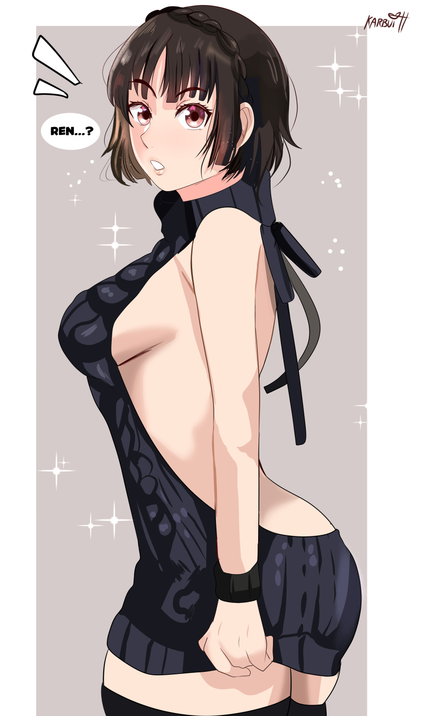 1girl 1girl 1girl alluring ass atlus big_ass brown_hair dress karbuitt looking_at_viewer makoto_niijima meme meme_attire persona persona_5 red_eyes sega side_view sideboob silf stockings surprised sweater sweater_dress thick_thighs virgin_killer_sweater