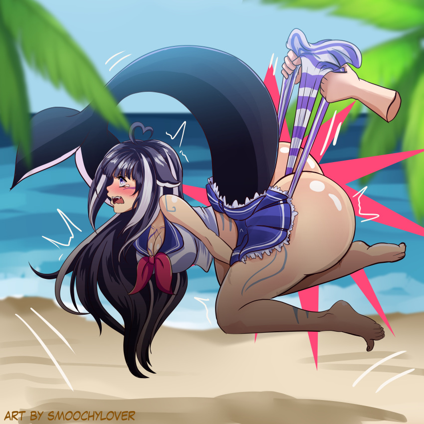 1girl 1girl ass black_hair blush disembodied_hand feet hanging_wedgie indie_virtual_youtuber panties panties pulverizedpanty purple_panties purple_underwear sailor_collar sailor_uniform shoeless shylily skirt smoochylover striped striped_panties striped_underwear surprised surprised_expression tail tear tearing_up tears toes underwear virtual_youtuber wedgie wedgies