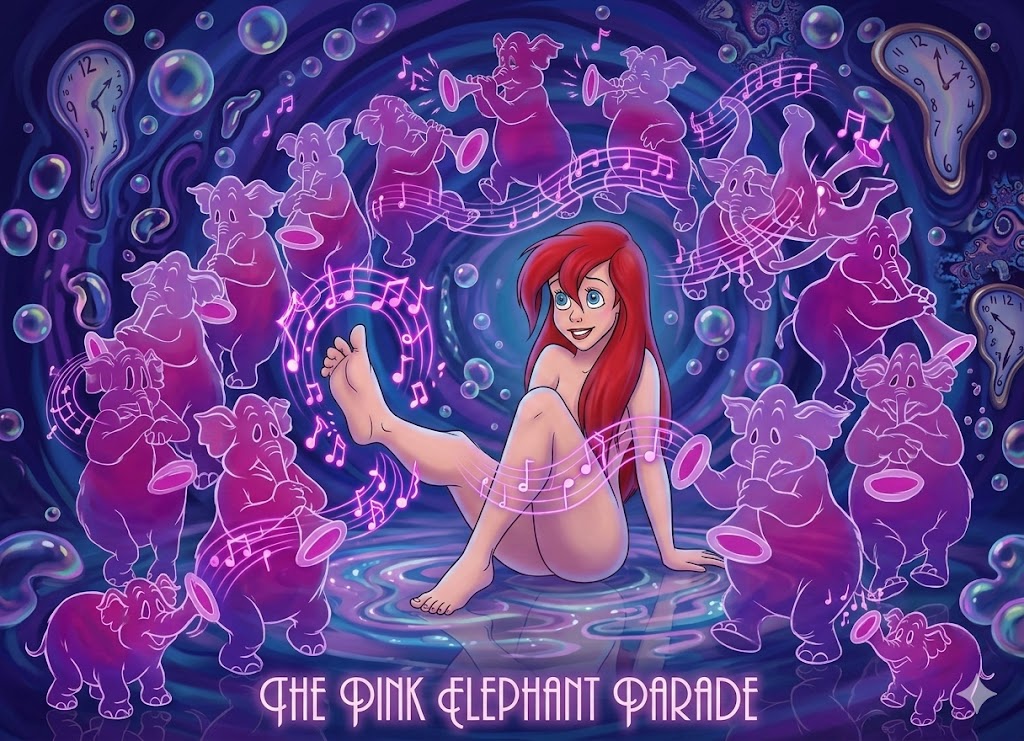 1girl ai ai_generated ass blue_eyes charles2001 crossover disney dream dreaming dumbo feet musical_note nude nude_female pink_elephant pink_elephants_on_parade princess_ariel red_hair red_lipstick sitting the_little_mermaid toes