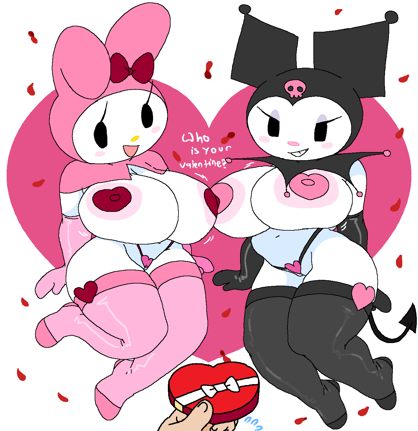 2023 2girls anthro areola areolae armwear ass big_ass big_breasts black_armwear black_elbow_gloves black_headwear black_legwear black_stockings black_thighhighs blush breast_jiggle breasts breasts_covered cassettedream chocolates dream-cassette elbow_gloves female gift gift_box headwear heart heart_shape heart_symbol high_heels hood hoshime huge_areolae huge_breasts huge_nipples jester jester_hat jiggle jiggling_breasts kuromi lagomorph large_breasts legwear looking_at_viewer my_melody onegai_my_melody panties pink_armwear pink_elbow_gloves pink_high_heels pink_hood pink_legwear pink_stockings pink_thighhighs png png_version_available pussy sanrio skull solo stockings sweets text thick_thighs thighhighs thong valentine's_day white_fur wide_hips