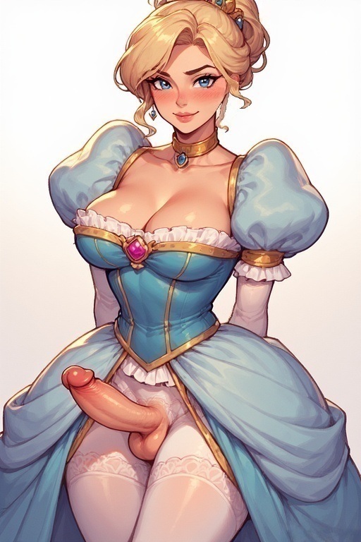 1futa big_breasts blonde_hair blue_dress blue_eyes futanari looking_at_viewer princess smiling_at_viewer solo_futa