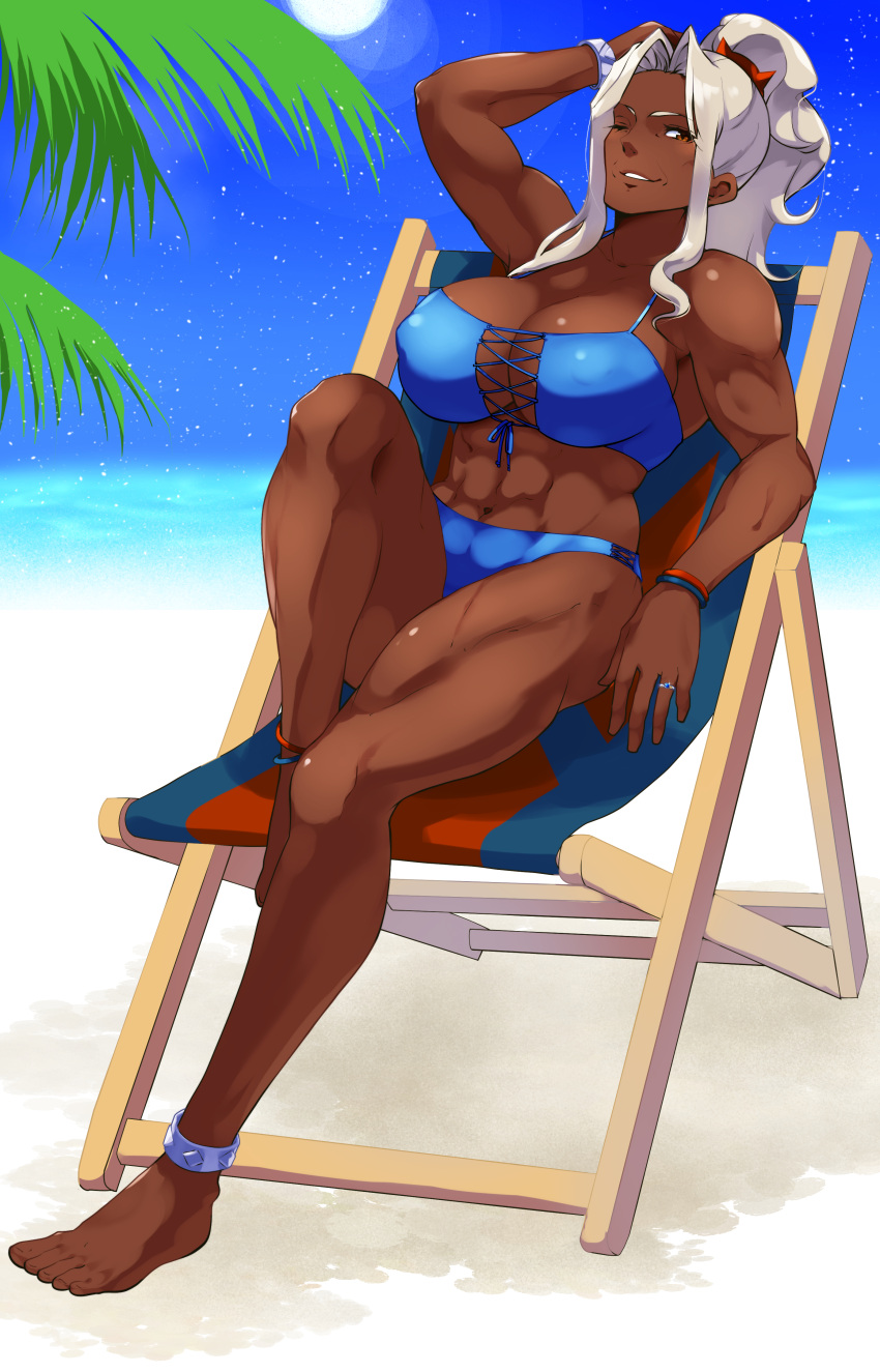 1girl 1girl abs absurd_res alternate_costume armband athletic_female bare_arms bare_legs barefoot beach beach_chair big_breasts bikini blue_bikini brown_eyes cleavage covered_erect_nipples dark-skinned_female dark_skin female_abs fire_emblem fire_emblem_engage fit_female full_moon grey_hair high_ponytail high_res intelligent_systems jewelry long_hair looking_at_viewer moon night nintendo ocean one_eye_closed outside palm_tree ponytail ring saphir_(fire_emblem) sky smile star_(sky) starry_sky swimsuit tetsuji_(i_ttj_f_c) tree