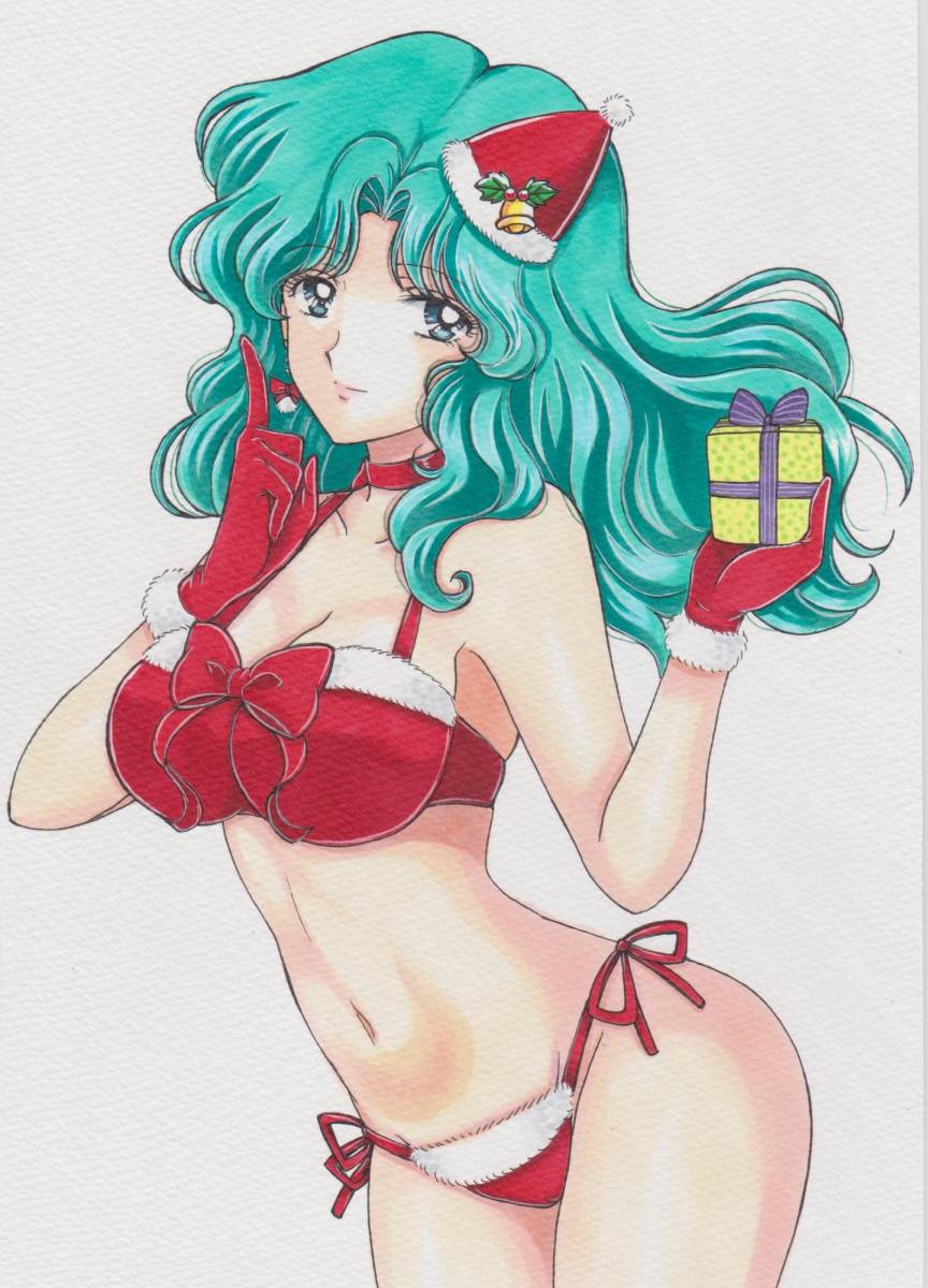 1girl 1girl adult_swim alluring big_breasts bishoujo_senshi_sailor_moon bishoujo_senshi_sailor_moon_s bishoujo_senshi_sailor_moon_s_the_movie bishoujo_senshi_sailor_moon_supers bishoujo_senshi_sailor_moon_supers_the_movie christmas_bikini cleavage holding_present medium_breasts michiru_kaiou rascal_(n119) santa_bikini santa_hat teal_hair toei_animation toonami viz_media