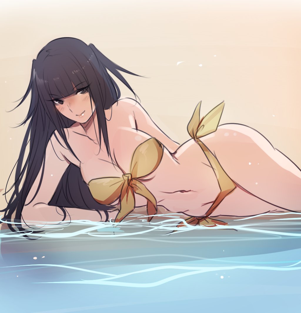 1girl 1girl alluring bangle beach big_breasts bikini black_eyes black_hair blunt_bangs blush bracelet circlet cleavage cowboy_shot female_focus fire_emblem fire_emblem_awakening fire_emblem_heroes fire_emblem_warriors jewelry long_hair looking_at_viewer lying matching_hair/eyes medium_breasts navel nintendo on_side smile swimsuit tharja tharja_(fire_emblem) tiara tusia two_side_up yellow_bikini