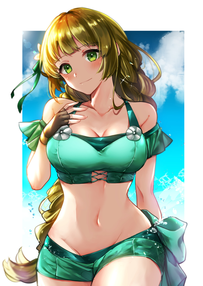 1girl 1girl alluring bare_shoulders big_breasts bikini blonde_hair blunt_bangs blush bow braid brown_gloves cleavage closed_mouth cloud collarbone cowboy_shot day fingerless_gloves fire_emblem fire_emblem:_three_houses fire_emblem_heroes flower gloves green_eyes hair_flower hair_ornament high_res ingrid_brandl_galatea ingrid_brandl_galatea_(summer) intelligent_systems long_hair looking_at_viewer midriff navel nekolook nintendo off-shoulder_bikini off_shoulder short_sleeves shorts sky smile standing stomach swimsuit water