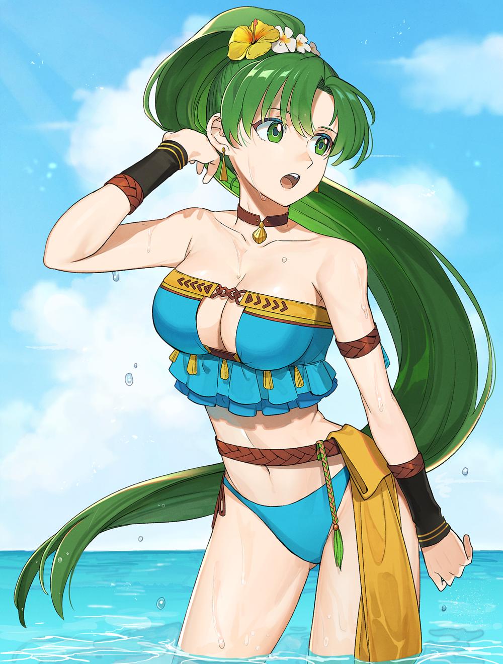 1girl 1girl alluring beach big_breasts bikini blush day female_focus fire_emblem fire_emblem:_the_blazing_blade fire_emblem_heroes fire_emblem_warriors green_eyes green_hair high_res jewelry kyufe long_hair lyn lyn_(fire_emblem) lyn_(lady_of_the_beach)_(fire_emblem) lyndis lyndis_(fire_emblem) navel nintendo open_mouth ponytail swimsuit very_long_hair water