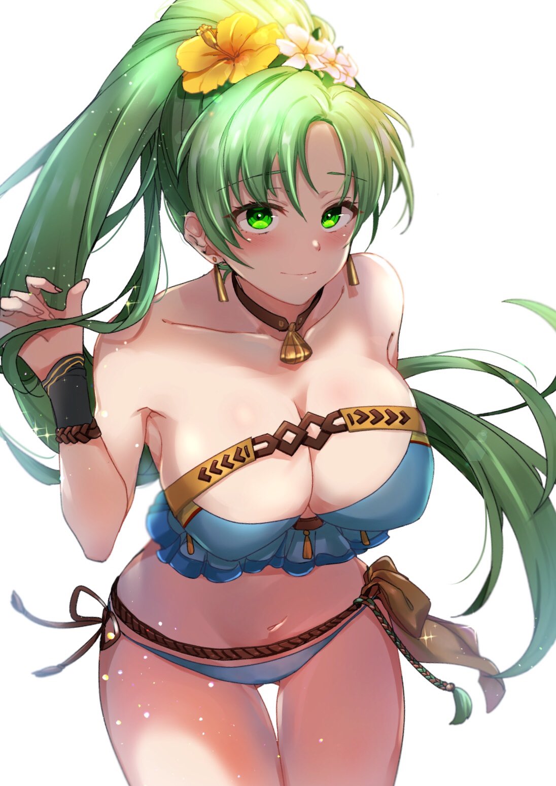 1girl 1girl big_breasts bikini blush female_focus fire_emblem fire_emblem:_the_blazing_blade fire_emblem_heroes fire_emblem_warriors green_eyes green_hair hair_between_eyes high_res jewelry long_hair looking_at_viewer lyn lyn_(fire_emblem) lyn_(lady_of_the_beach)_(fire_emblem) lyndis lyndis_(fire_emblem) navel nekolook nintendo ponytail simple_background smile strapless strapless_bikini swimsuit very_long_hair white_background