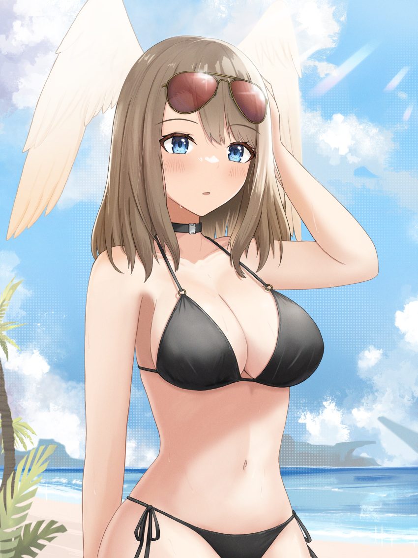 1girl 1girl :o absurd_res alluring aviator_sunglasses beach big_breasts bikini black_bikini black_choker blue_eyes blush brown_hair choker cleavage eunie_(xenoblade) eyewear_on_head hand_on_own_head head_wings high_res keaworks looking_at_viewer medium_hair navel o-ring ocean open_mouth palm_leaf palm_tree sand side-tie_bikini_bottom sideboob string_bikini summer sunglasses swept_bangs swimsuit tree white_wings wings xenoblade_(series) xenoblade_chronicles_3