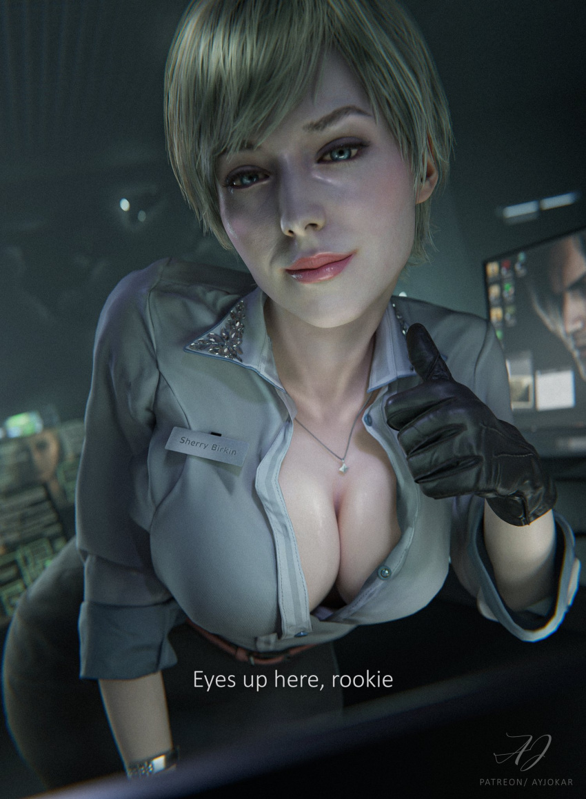 1girl 1girls 3d ayjokar big_breasts biohazard blonde_female capcom cleavage female_only gloves huge_breasts jokar leon_scott_kennedy light-skinned_female light_skin lipstick mature_female milf necklace resident_evil resident_evil_6 resident_evil_9 resident_evil_9:_requiem resident_evil_requiem sherry_birkin sherry_birkin_(bridgette_haze) shiny_skin thumbs_up twitter video_game_character video_game_franchise video_games
