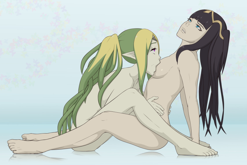 1girl 2_girls alluring anaxus barefoot big_breasts black_hair blue_eyes breast_sucking feet fire_emblem fire_emblem_awakening fire_emblem_warriors green_hair hands_on_own_hips high_res intelligent_systems long_hair looking_at_another multiple_girls nintendo nowi_(fire_emblem) pointy_ears purple_eyes sitting tharja tharja_(fire_emblem) tiara toes yuri